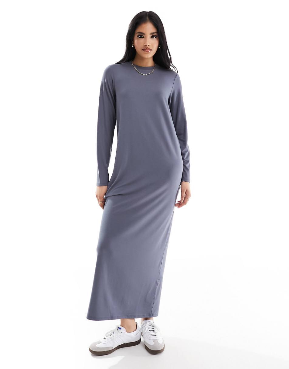 ASOS DESIGN long sleeve maxi T-shirt dress in charcoal