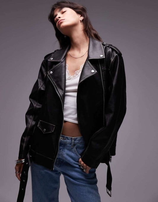 Topshop super oversized faux leather biker jacket in black