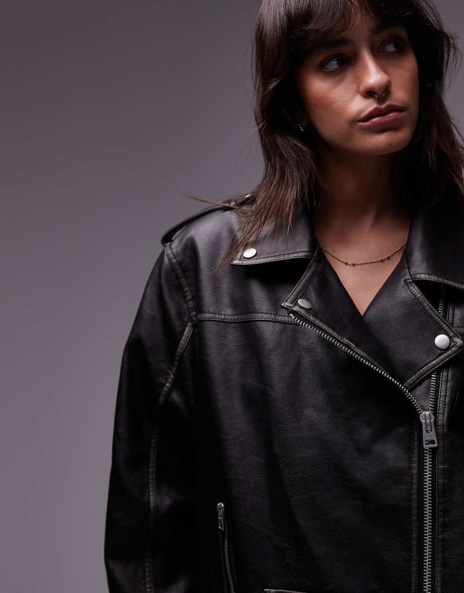 Topshop super oversized faux leather biker jacket in black