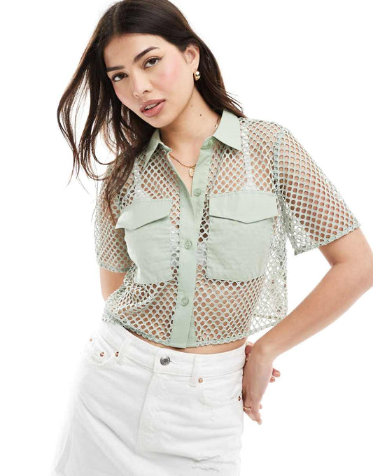 ASOS DESIGN mesh cropped shirt in sage green