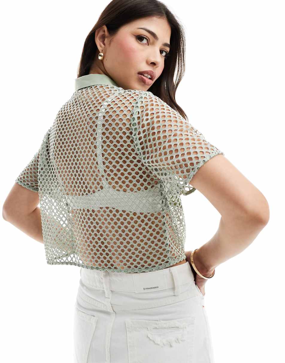 ASOS DESIGN mesh cropped shirt in sage green