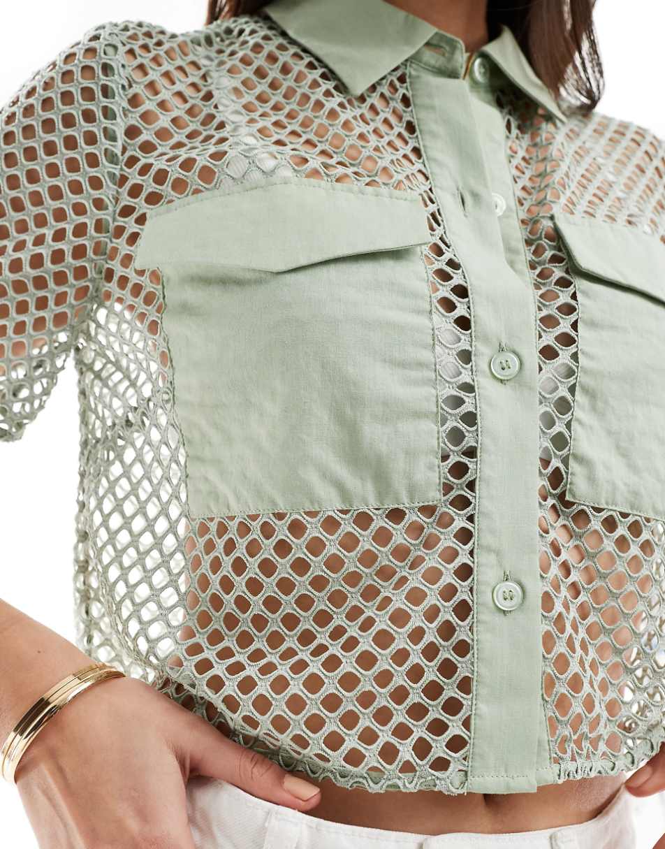 ASOS DESIGN mesh cropped shirt in sage green