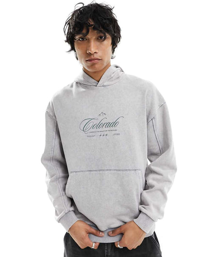 ASOS DESIGN unisex oversized hoodie with front city print in washed gray
