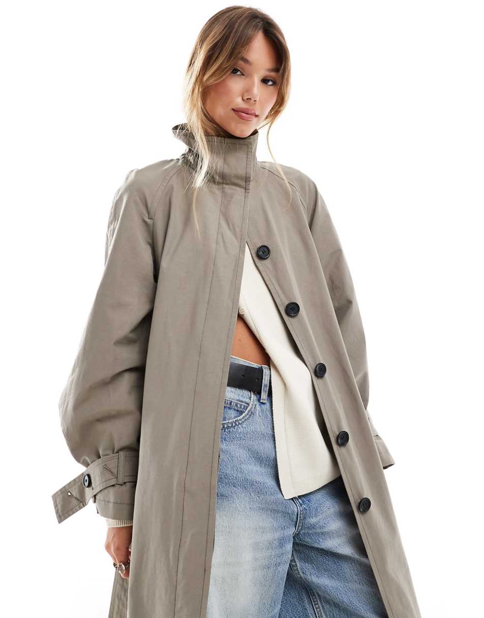 ASOS DESIGN funnel neck oversized longline trench coat in mushroom