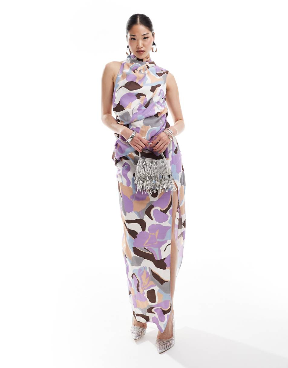 ASOS DESIGN high neck one shoulder drape maxi dress with thigh split in abstract print