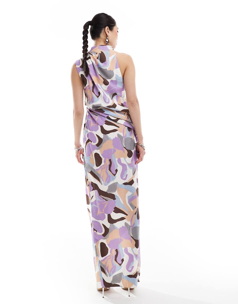 ASOS DESIGN high neck one shoulder drape maxi dress with thigh split in abstract print