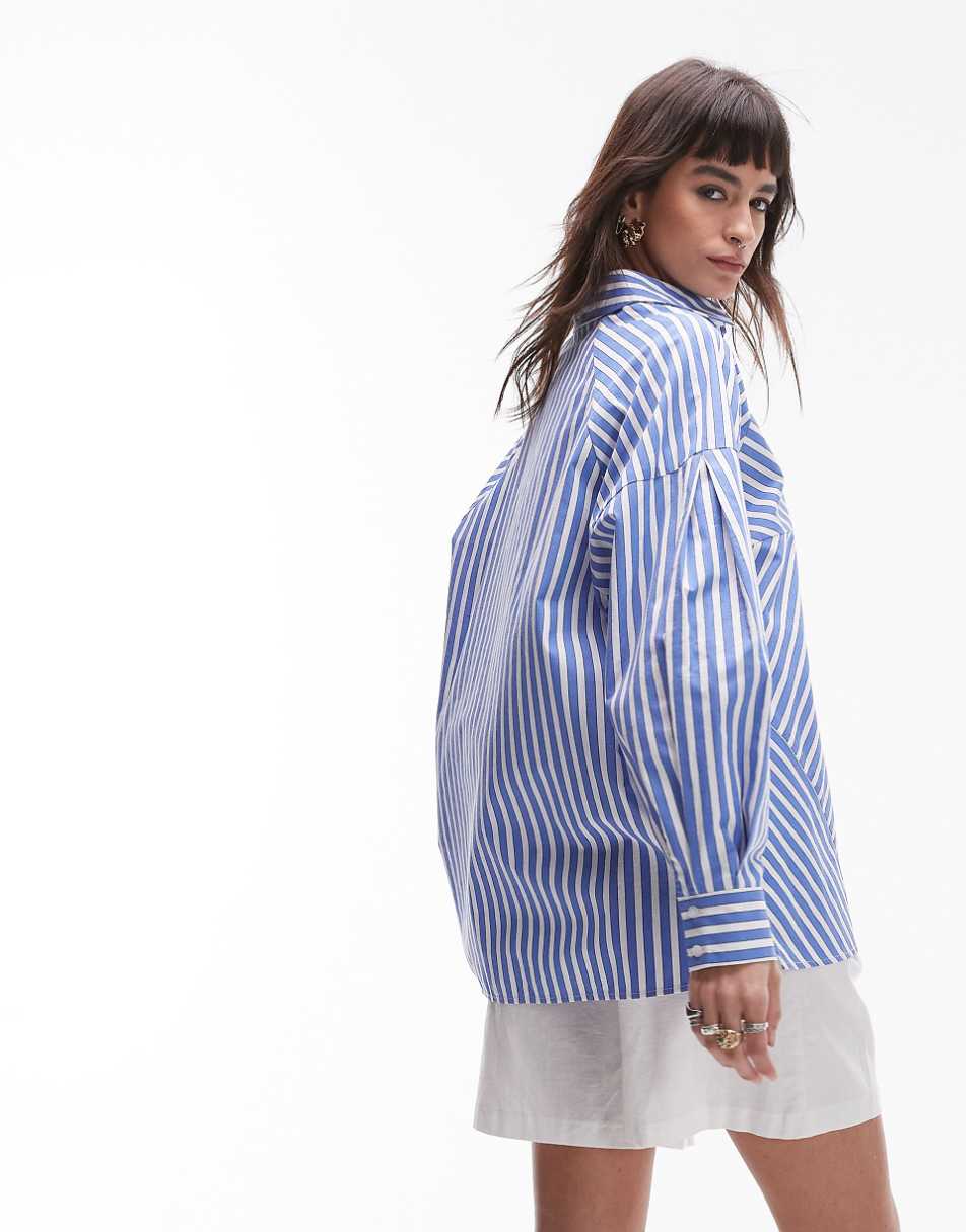 Topshop extreme paneled cotton stripe shirt in wide blue stripe