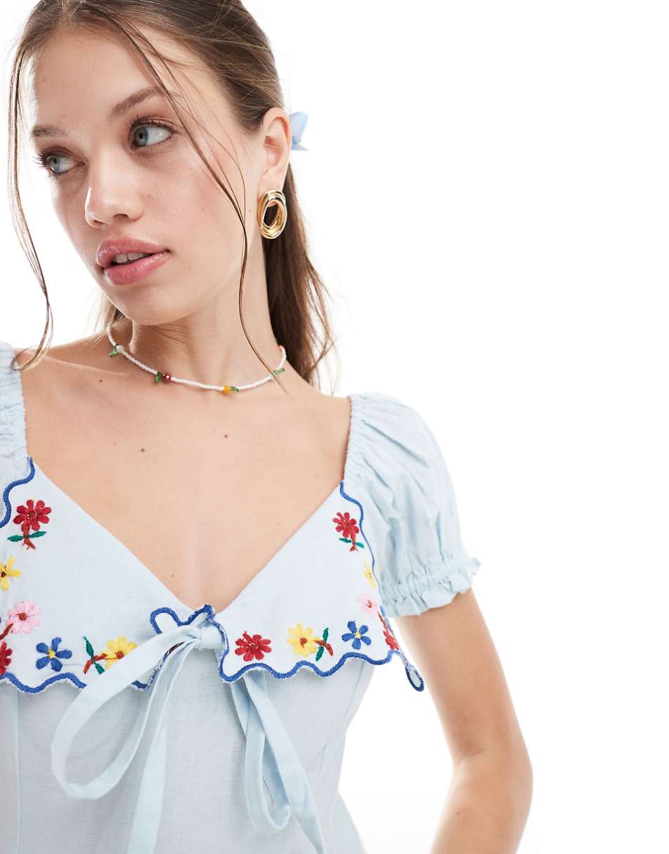 ASOS DESIGN embroidered peter pan collar romper in ice blue