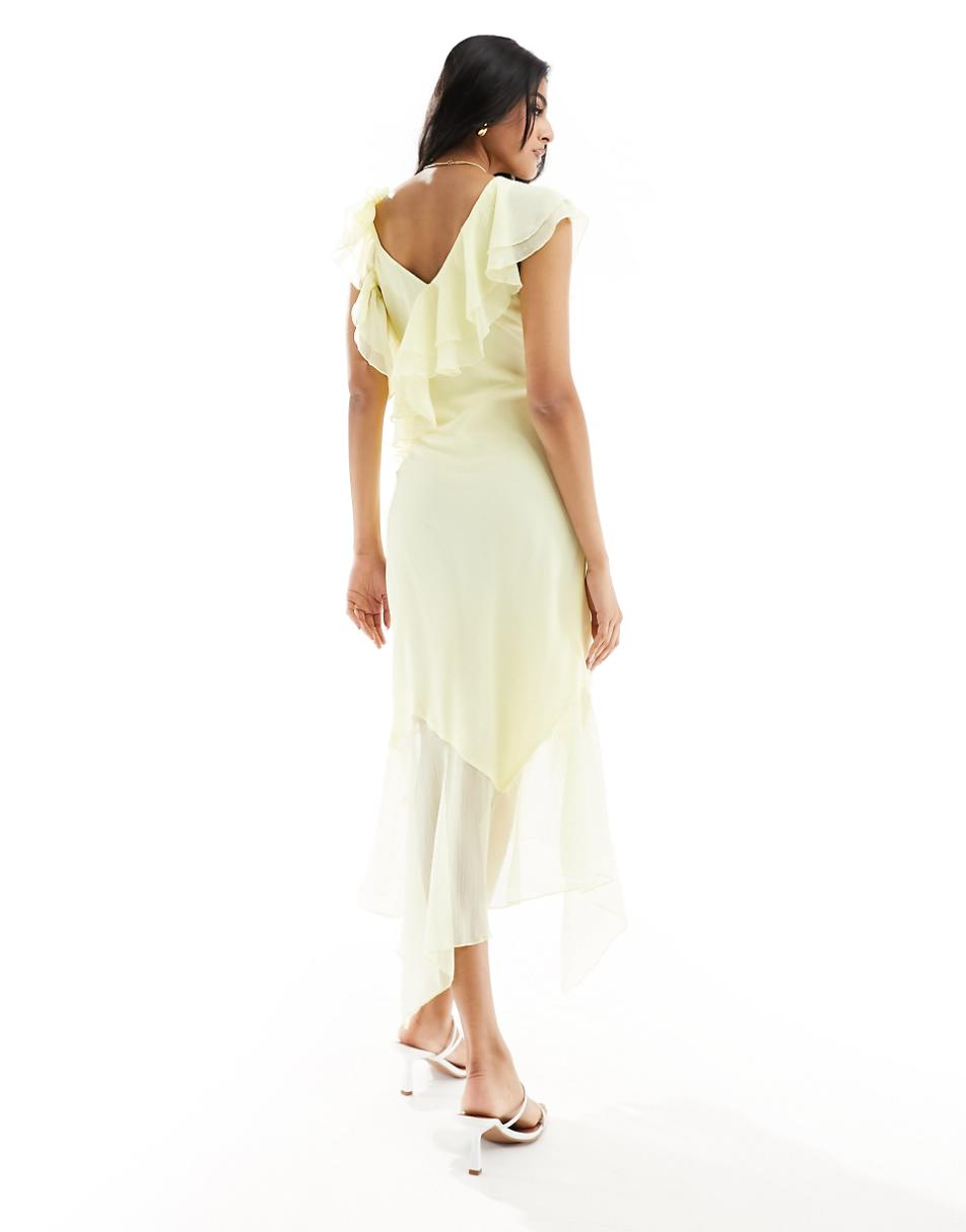 ASOS DESIGN asymmetric frill midi dress in lemon