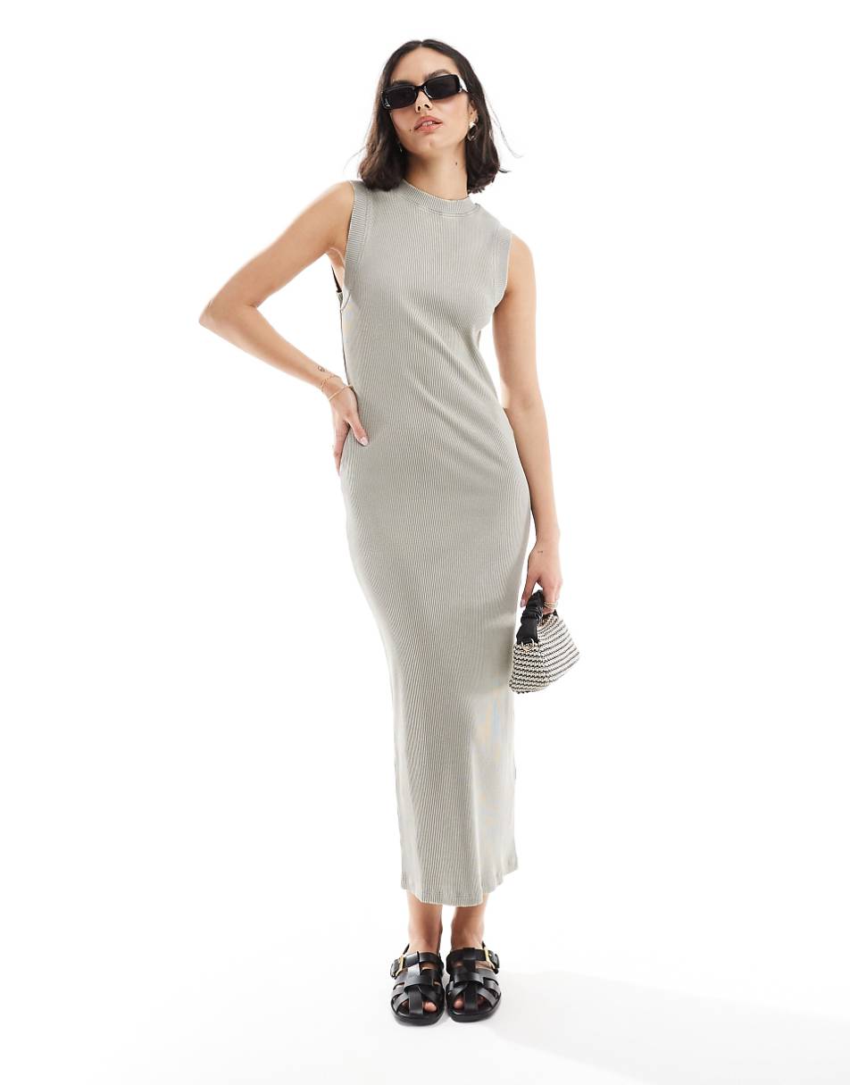 ASOS DESIGN 90s ribbed built up midi tank dress in washed gray