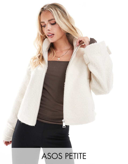 ASOS DESIGN Petite funnel jacket in cream boucle