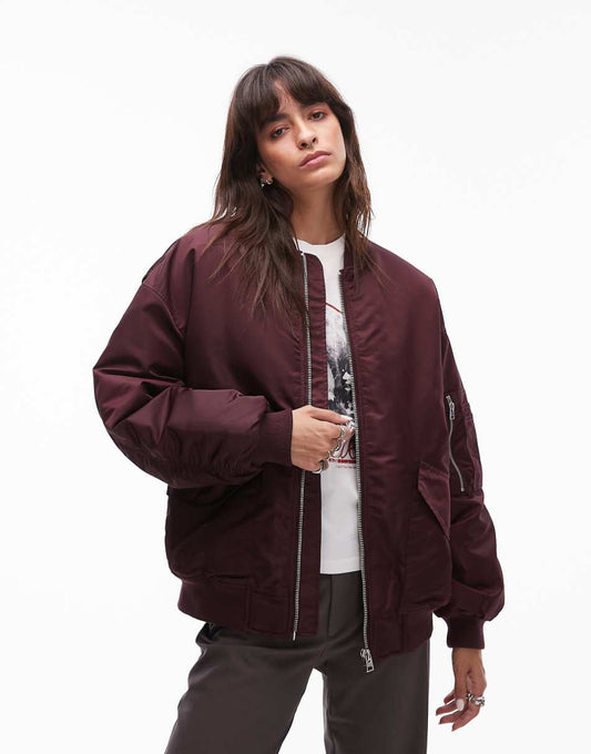 Topshop nero collar nylon bomber jacket in burgundy