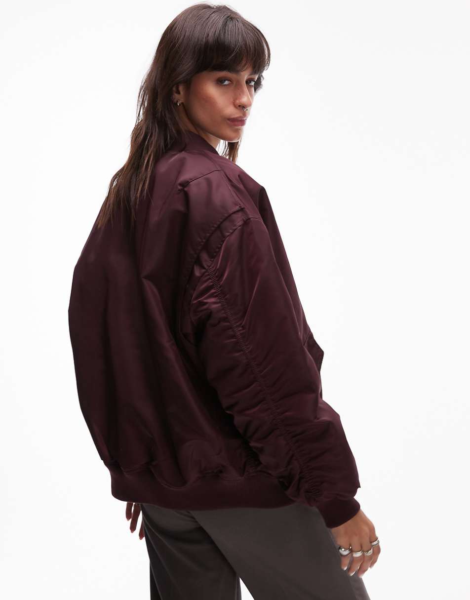 Topshop nero collar nylon bomber jacket in burgundy