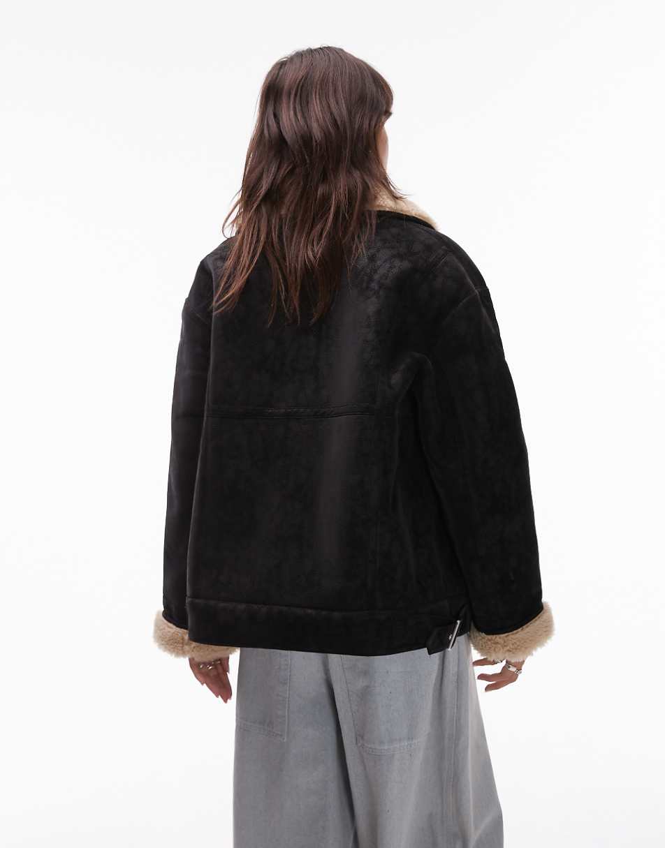 Topshop shearling biker jacket in black and cream