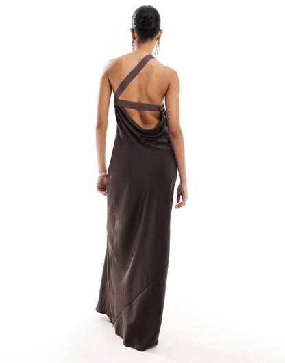 ASOS DESIGN one shoulder maxi dress with grosgrain strap in chocolate brown