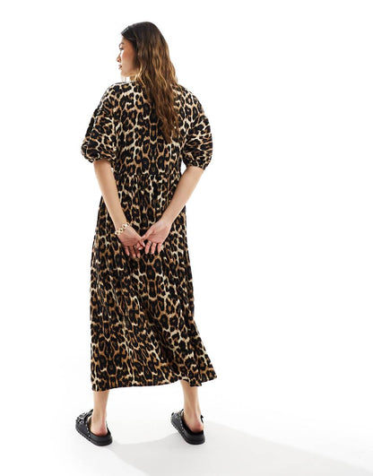 ASOS DESIGN puff sleeve tie front maxi dress in leopard print