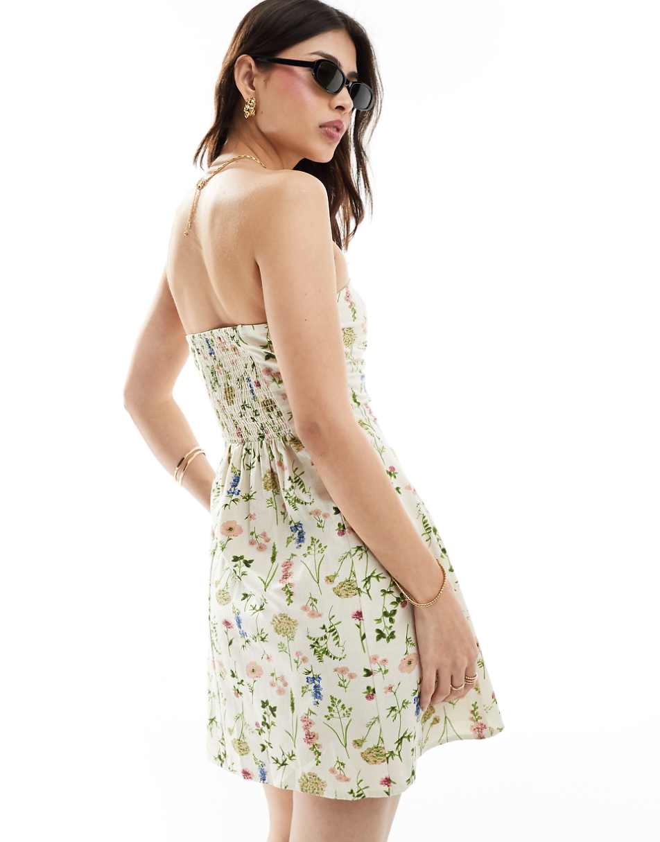 ASOS DESIGN linen bandeau mini sundress in cream botanical floral print