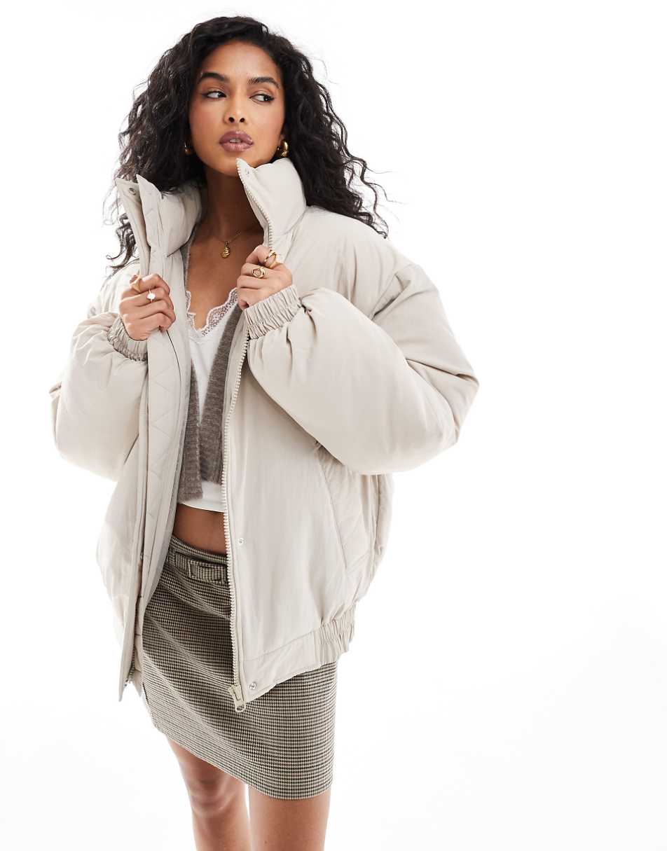 ASOS DESIGN clean puffer bomber jacket with funnel neck in cream