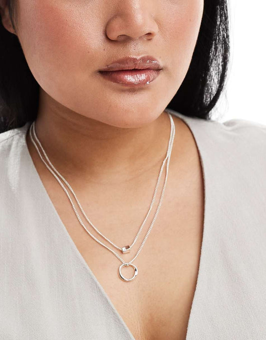 ASOS DESIGN Curve multirow necklace with twisted bead and hoop design in silver tone