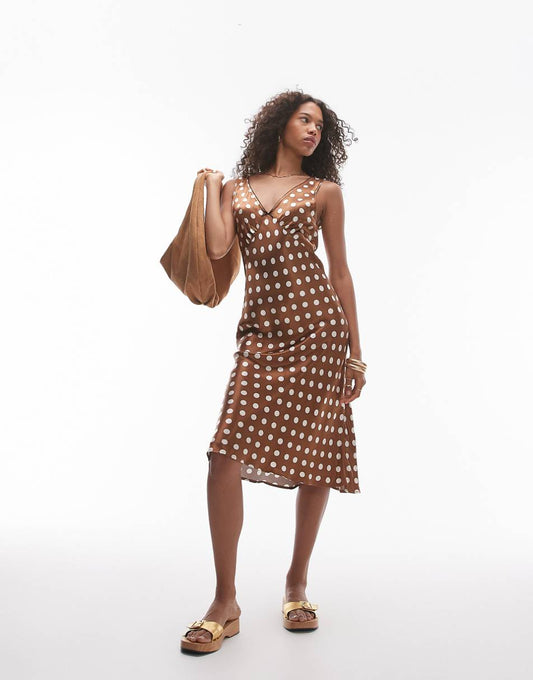 Topshop vintage polka dot awkward length slip dress in brown