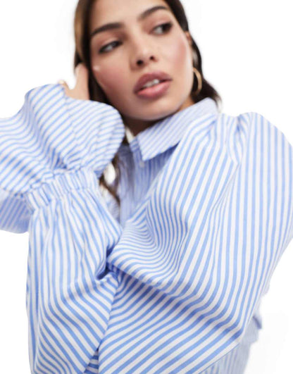 ASOS DESIGN volume sleeved soft shirt with ruffle cuff in chambray stripe