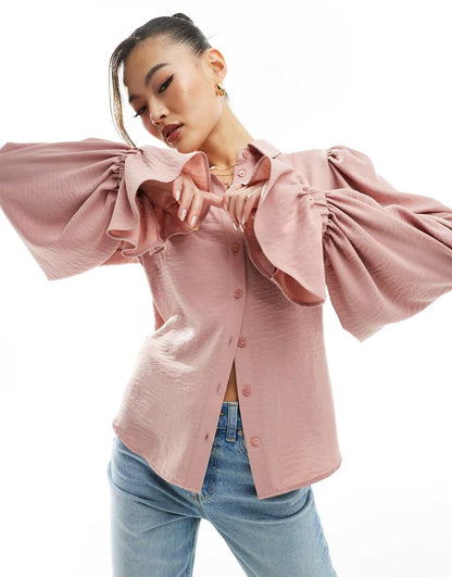 ASOS DESIGN volume sleeve soft shirt with ruffle cuff in pink