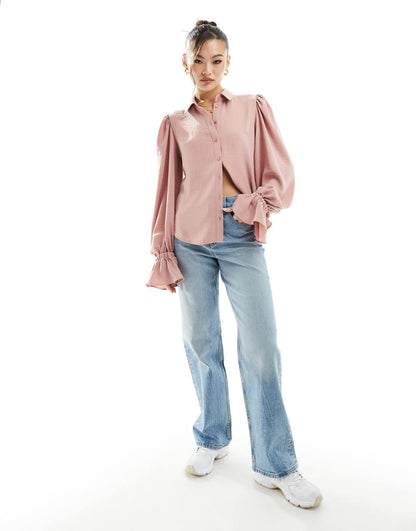 ASOS DESIGN volume sleeve soft shirt with ruffle cuff in pink