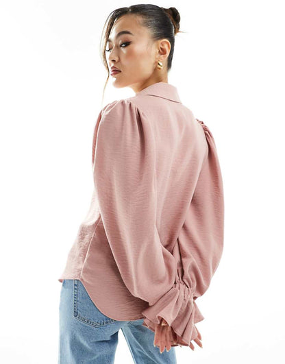 ASOS DESIGN volume sleeve soft shirt with ruffle cuff in pink
