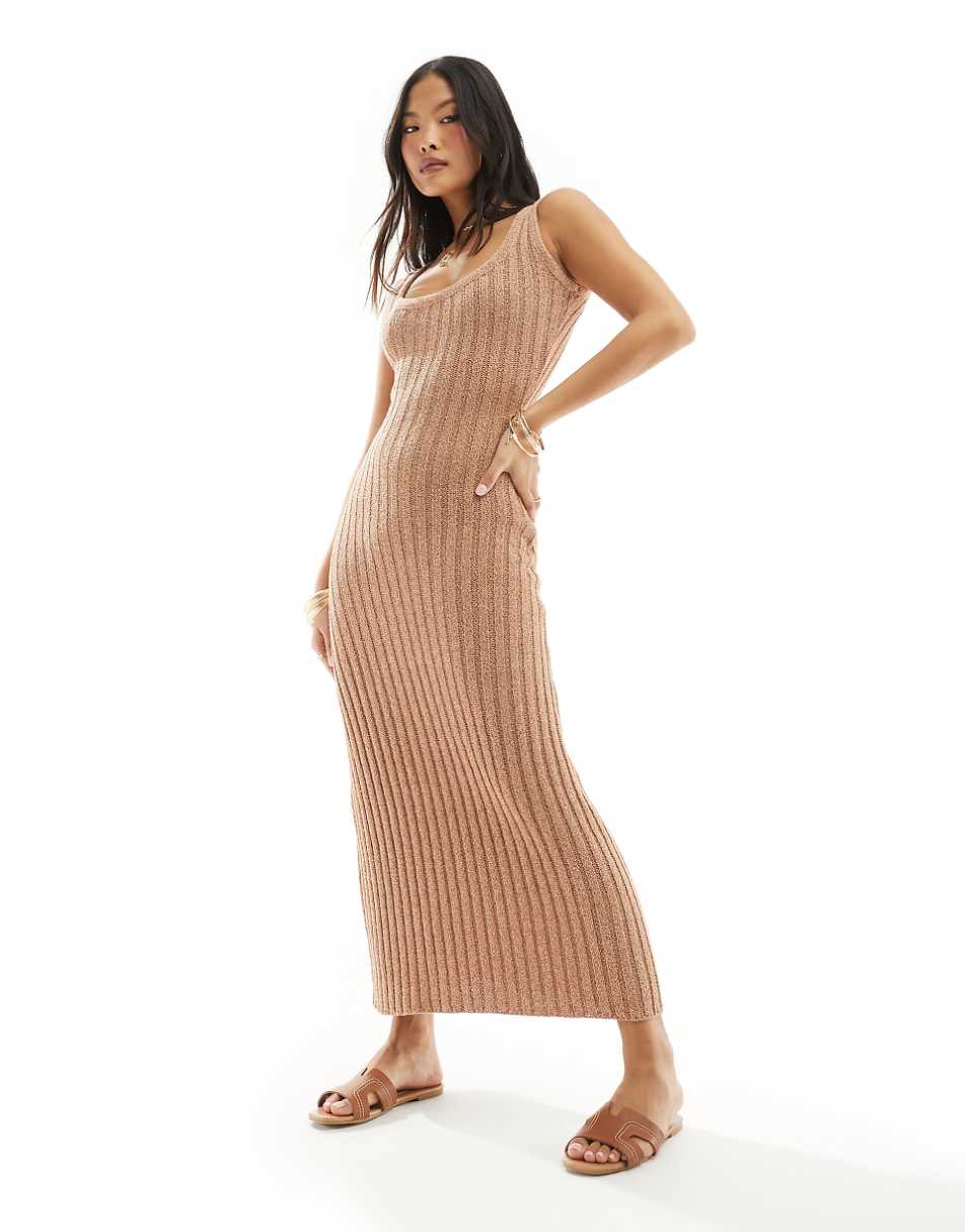 4th & Reckless Petite exclusive ribbed knit sleeveless scoop neck maxi dress in camel