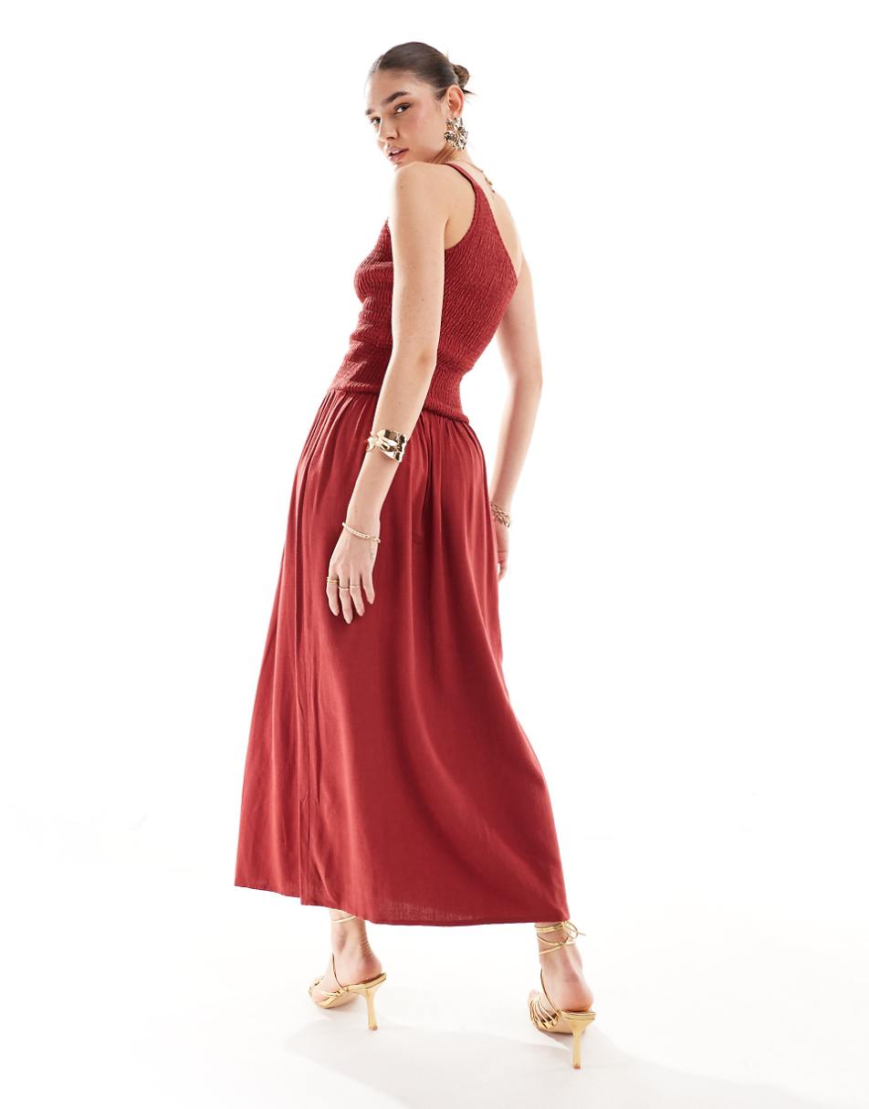 4th & Reckless linen blend shirred one shoulder drop waist maxi dress in washed red