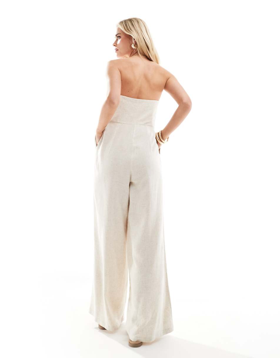 4th & Reckless Petite exclusive linen bandeau wide leg jumpsuit in beige