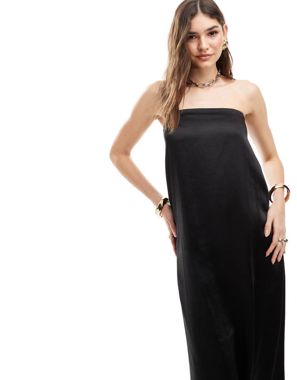 4th & Reckless satin bandeau trapeze maxi dress with pockets in black