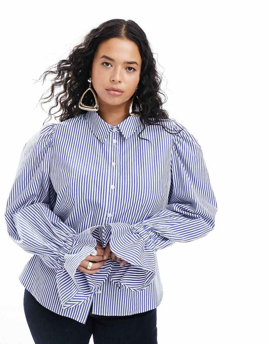 ASOS DESIGN Curve volume sleeved soft shirt with ruffle cuff in blue stripe