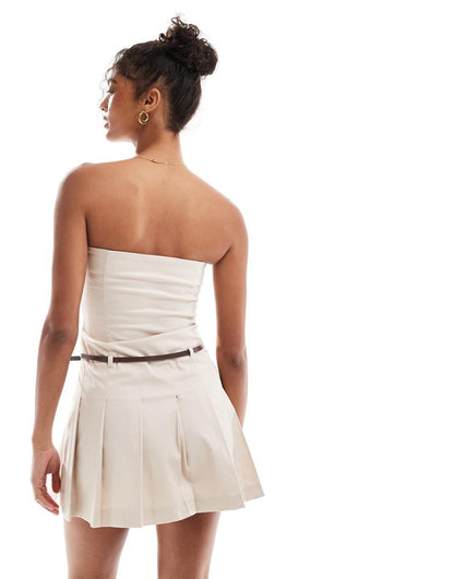 Miss Selfridge tailored bandeau pleated mini dress in stone