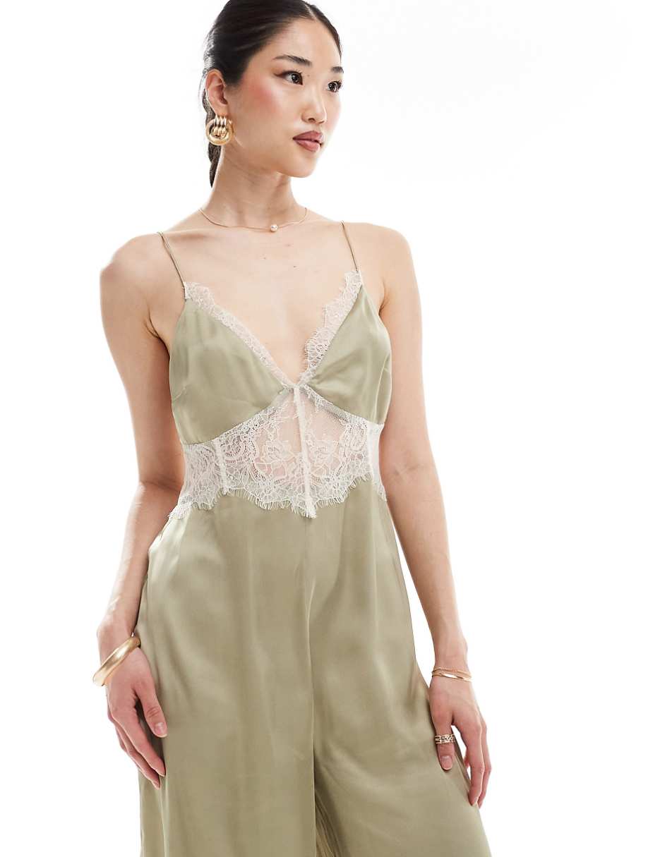 ASOS DESIGN lace insert satin cami jumpsuit in khaki