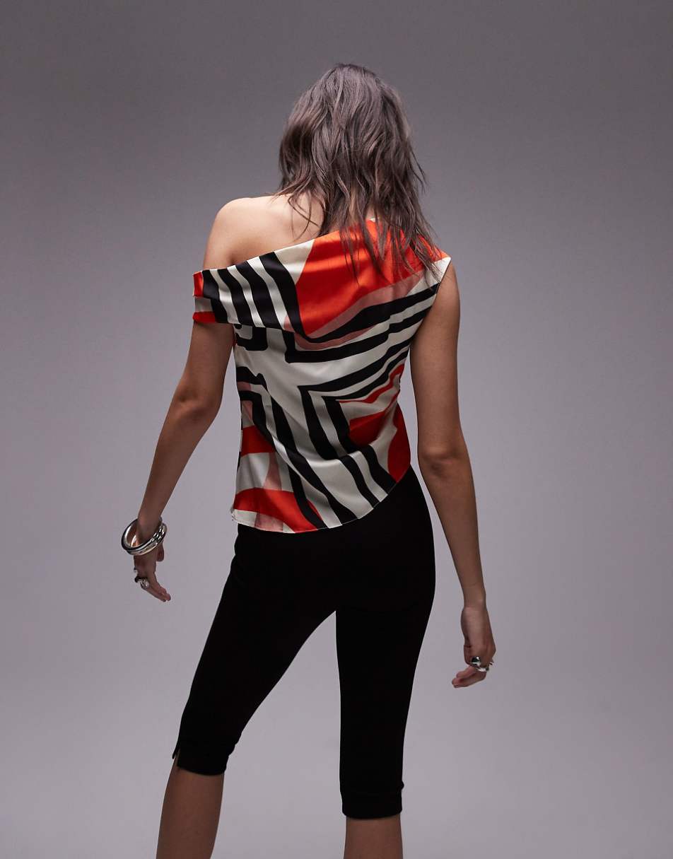 Topshop scarf print asymmetric top in bold red & black print