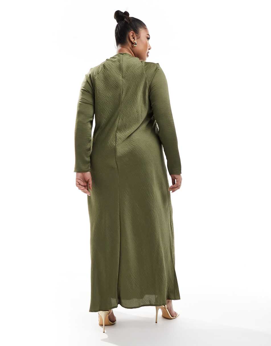 ASOS DESIGN Curve satin biased maxi dress with button detail in khaki