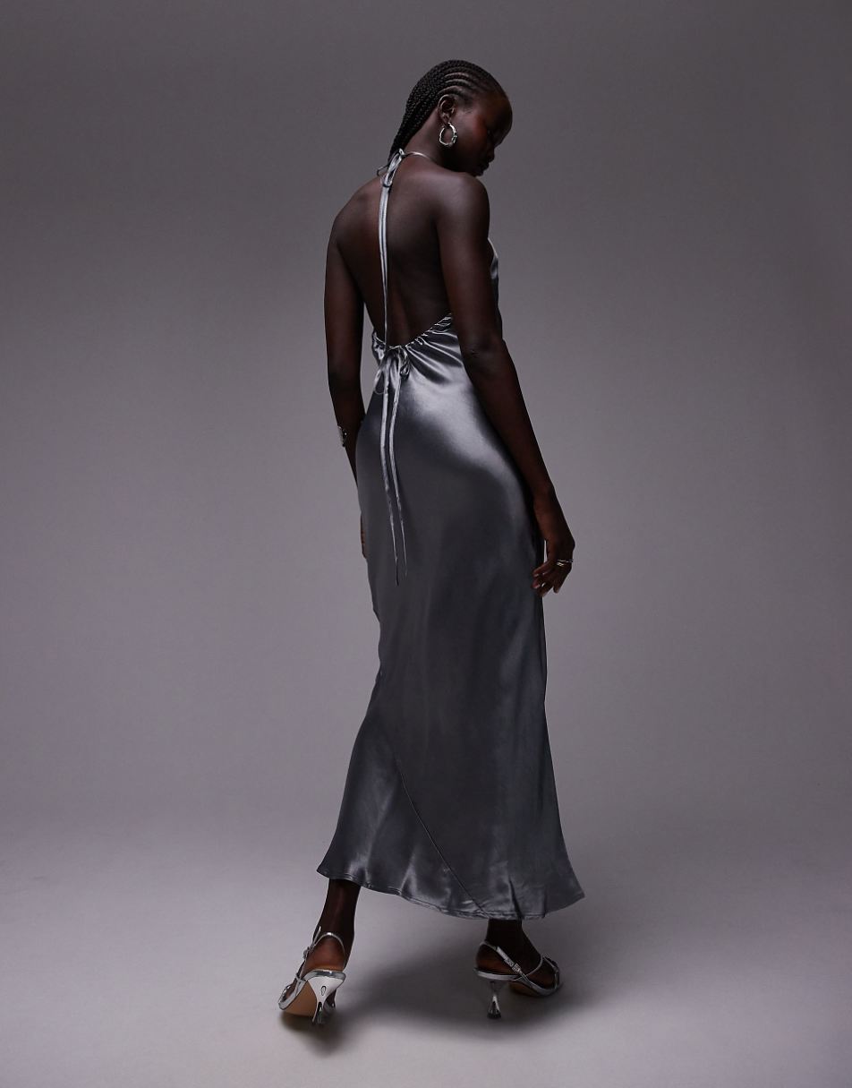 Topshop halter neck maxi dress in gray