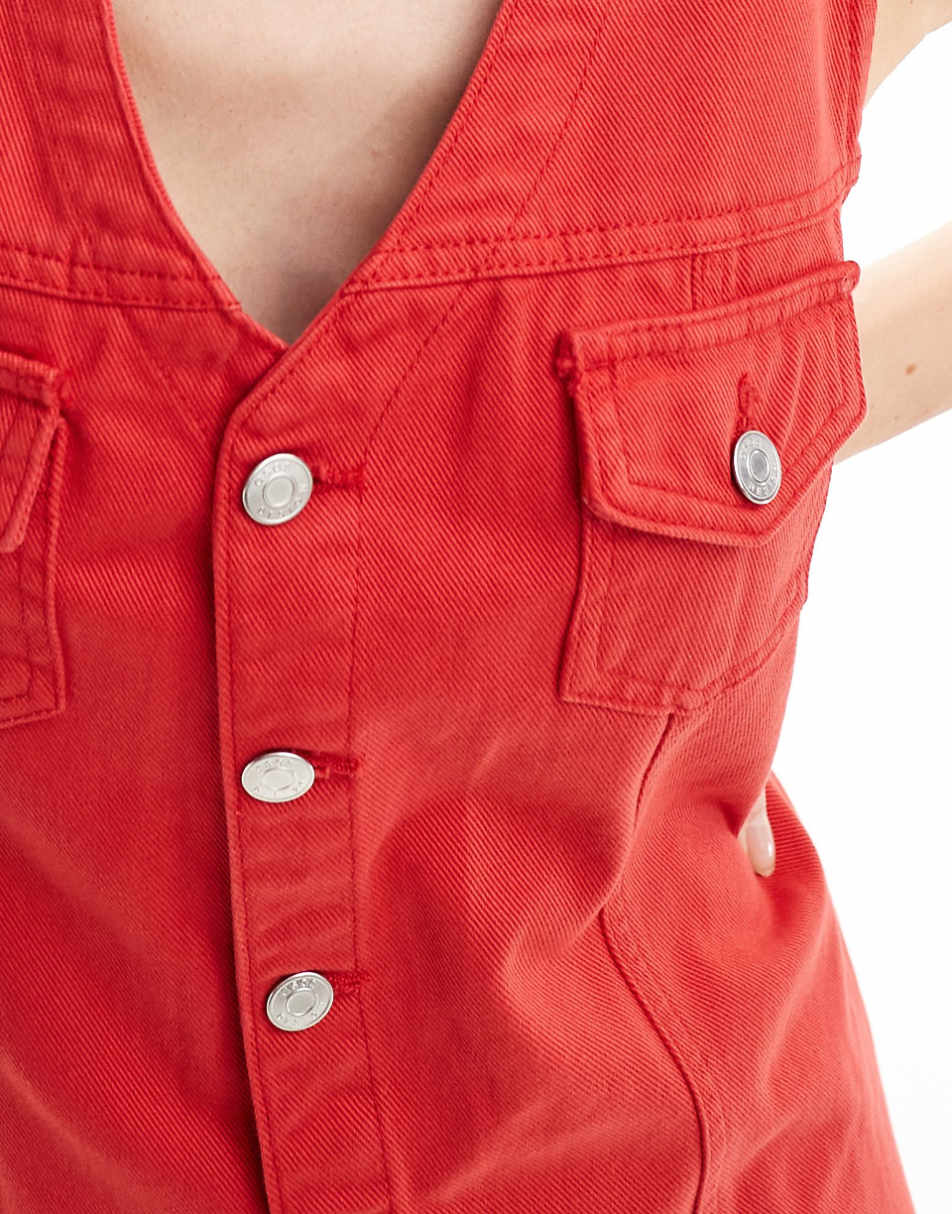 ASOS DESIGN button up denim vest mini dress in red