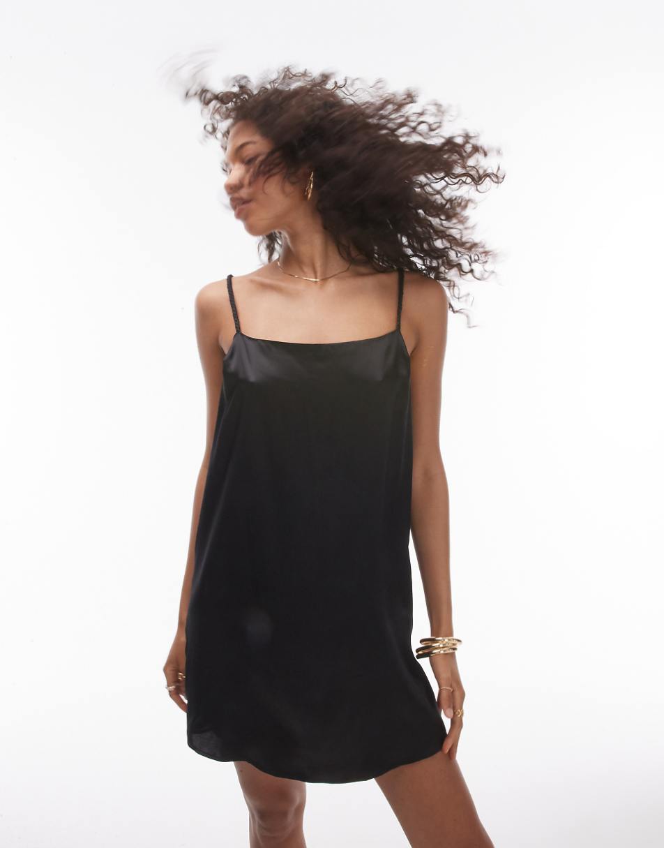 Topshop mini slip dress with plaited strap in black