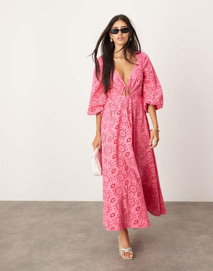 ASOS EDITION eyelet tie front midi dress with cut out detail in hot pink