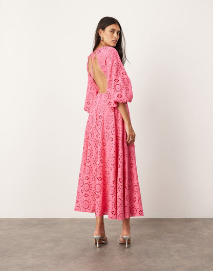 ASOS EDITION eyelet tie front midi dress with cut out detail in hot pink