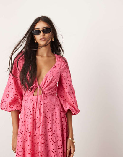 ASOS EDITION eyelet tie front midi dress with cut out detail in hot pink
