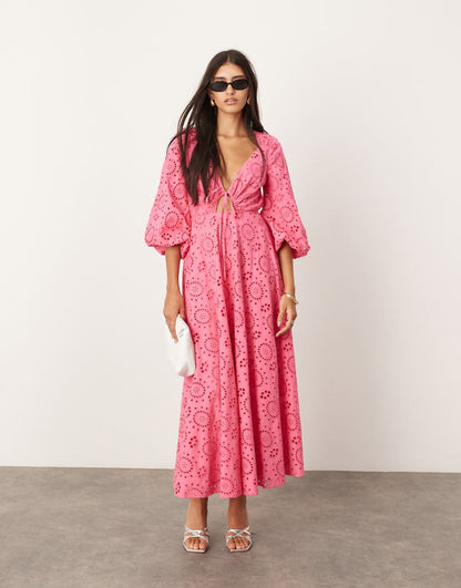 ASOS EDITION eyelet tie front midi dress with cut out detail in hot pink
