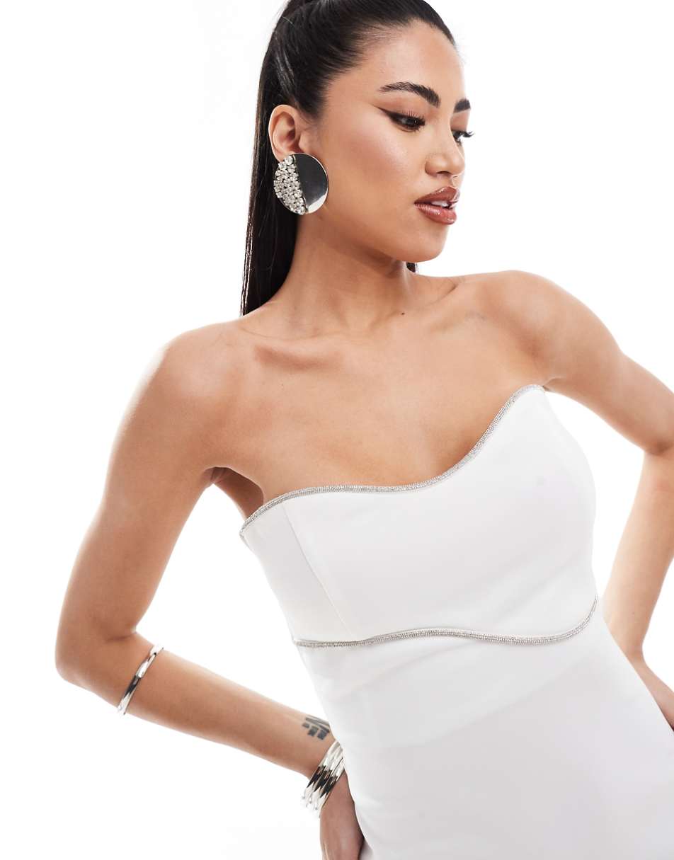 ASOS DESIGN bandeau mini dress with swirl diamante trim detail in white