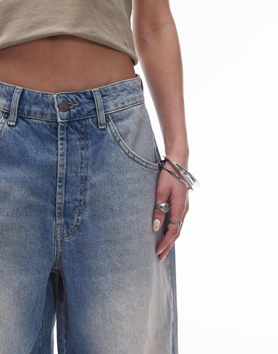 Topshop ruined cargo wide leg jeans in mid blue