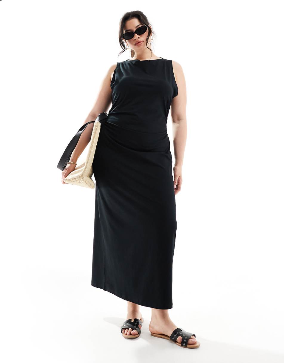 ASOS DESIGN Curve boat neck maxi dress with ruched sides in black