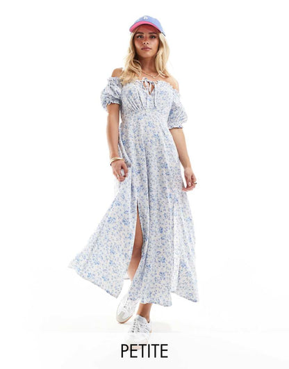 Miss Selfridge Petite puff sleeve bardot maxi dress in blue floral