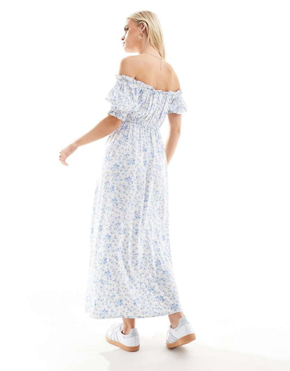 Miss Selfridge Petite puff sleeve bardot maxi dress in blue floral