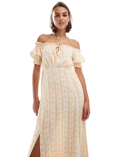 Miss Selfridge bardot maxi dress in stripe floral print